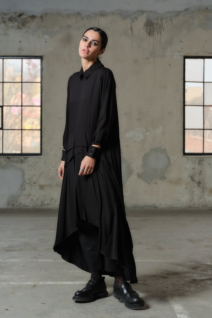 Avant garde asymmetrical long viscose shirt dress