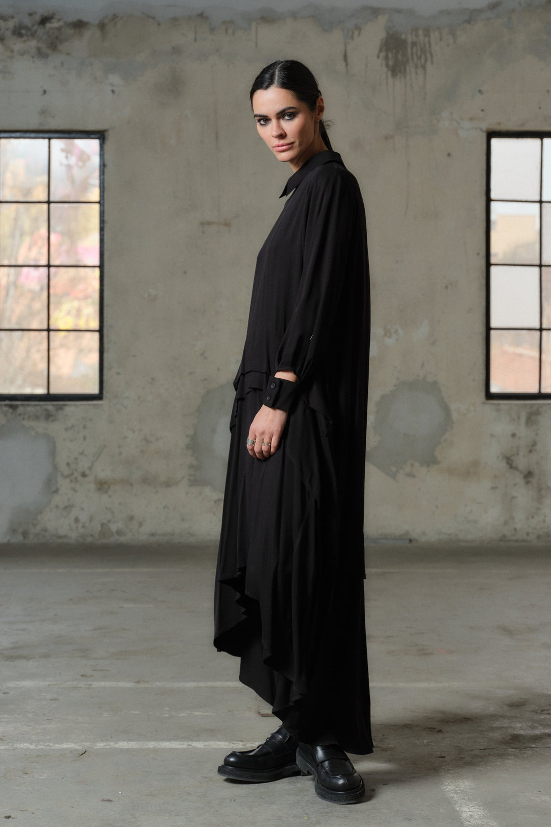 Avant garde asymmetrical long viscose shirt dress