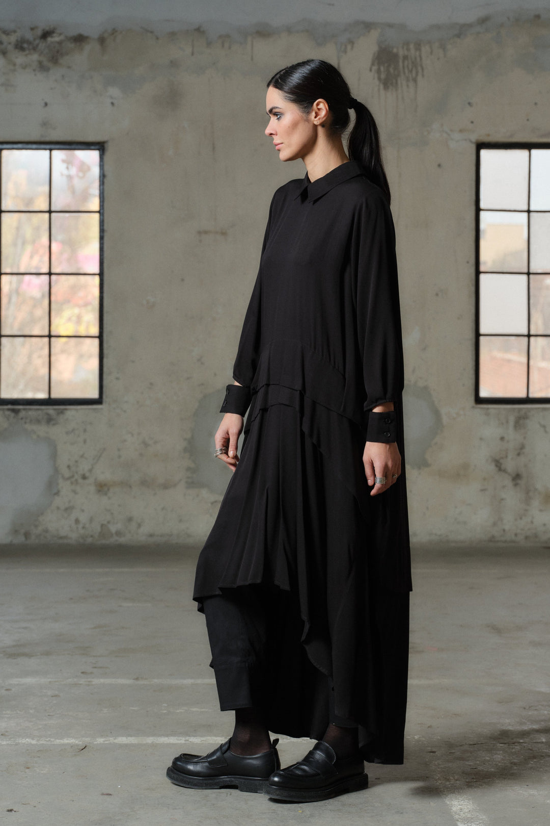 Avant garde asymmetrical long viscose shirt dress