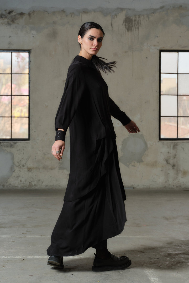 Avant garde asymmetrical long viscose shirt dress