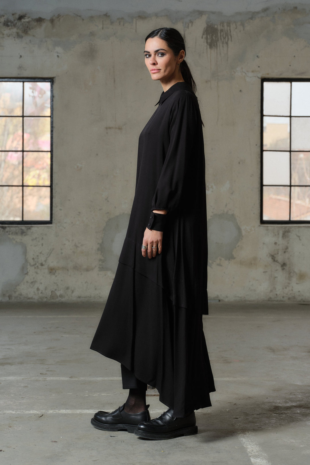 Elegant long black viscose dress