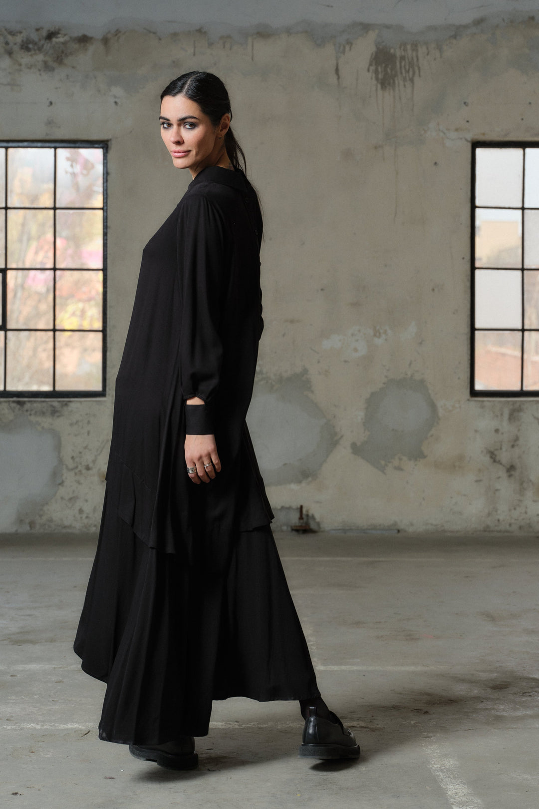 Elegant long black viscose dress