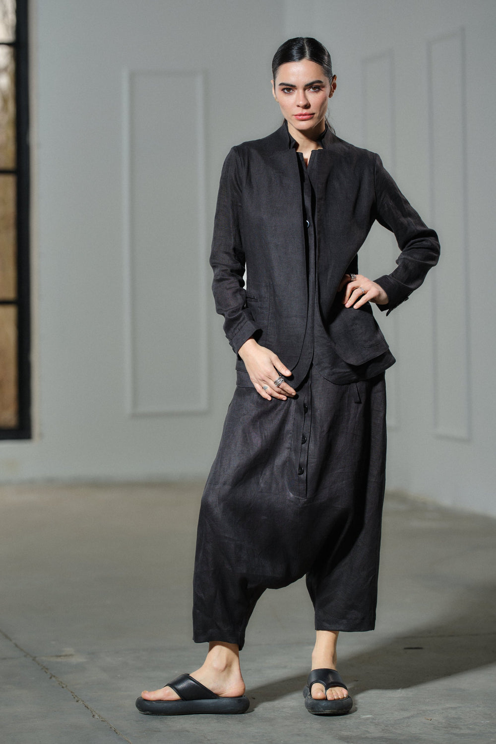 Contemporary black linen blazer with double lapel design