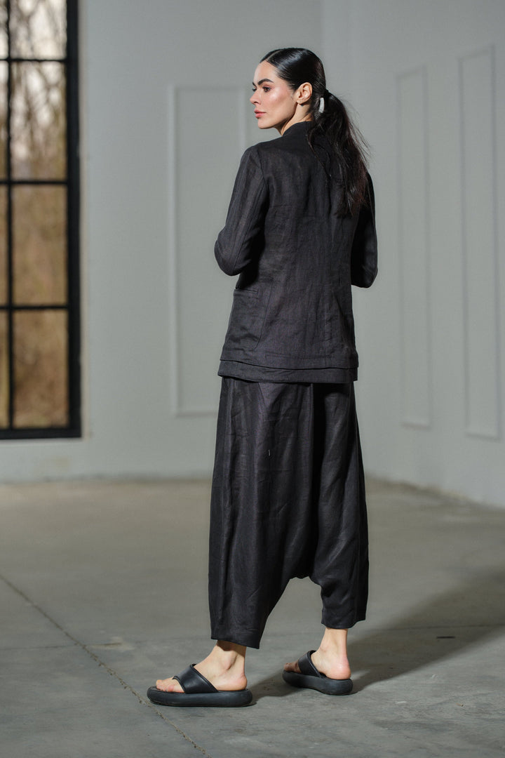 Avant garde black linen drop crotch pants