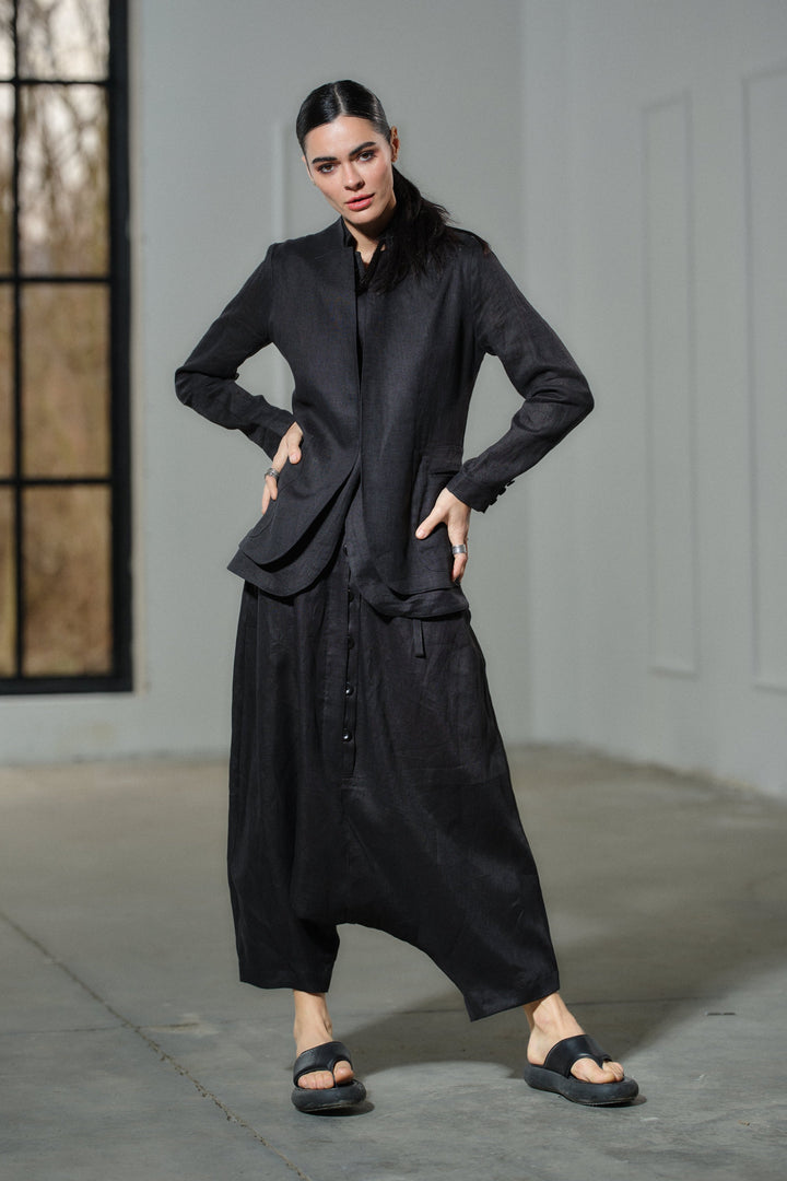 Avant garde black linen drop crotch pants