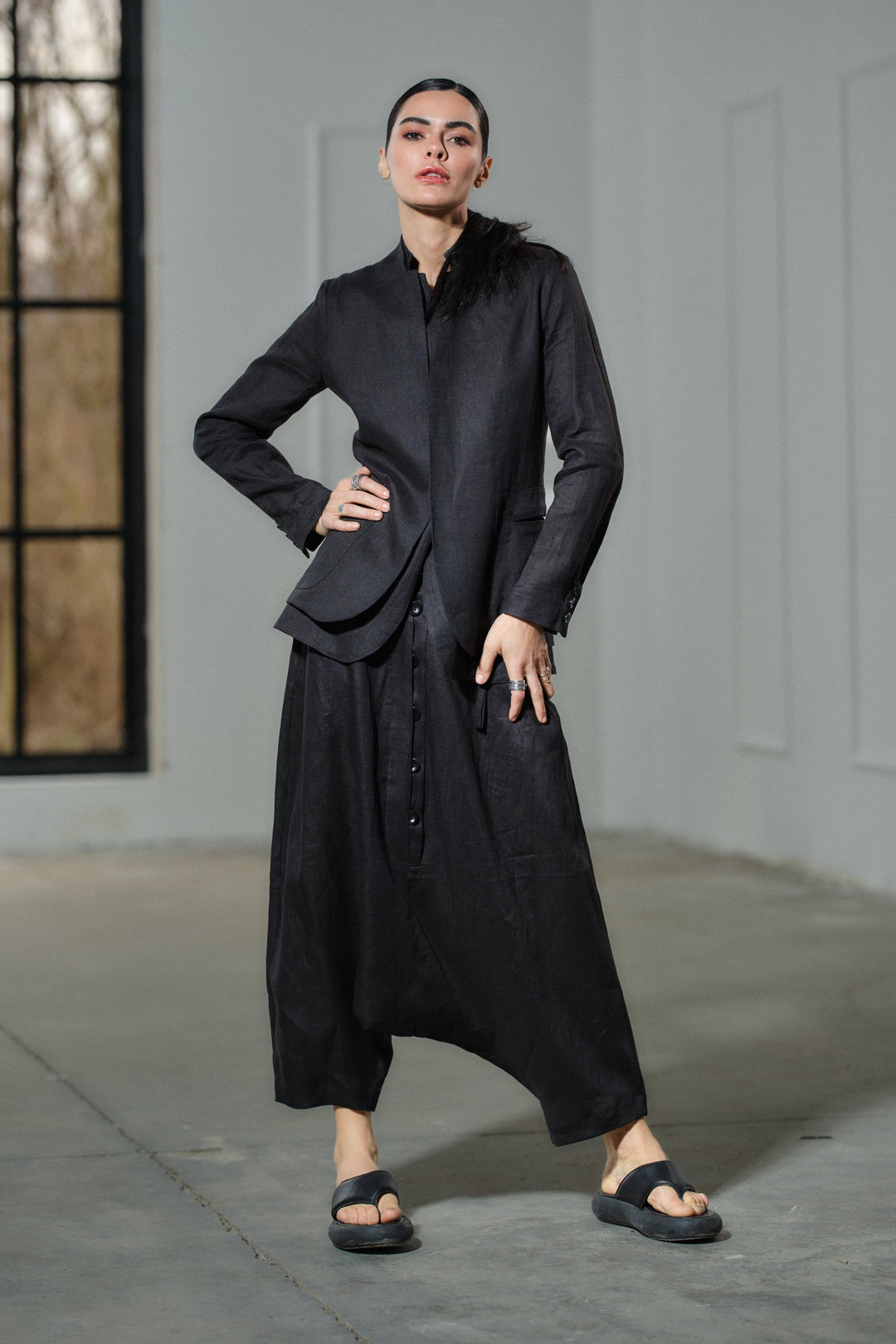 Avant garde black linen drop crotch pants