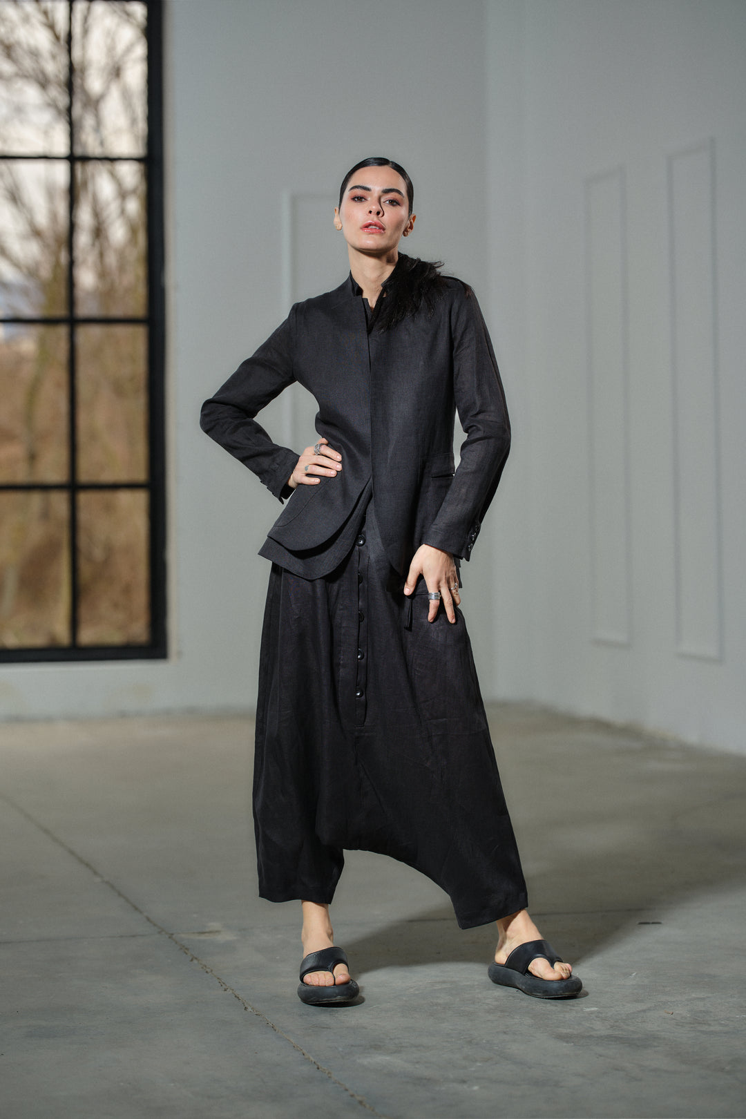 Contemporary black linen blazer with double lapel design