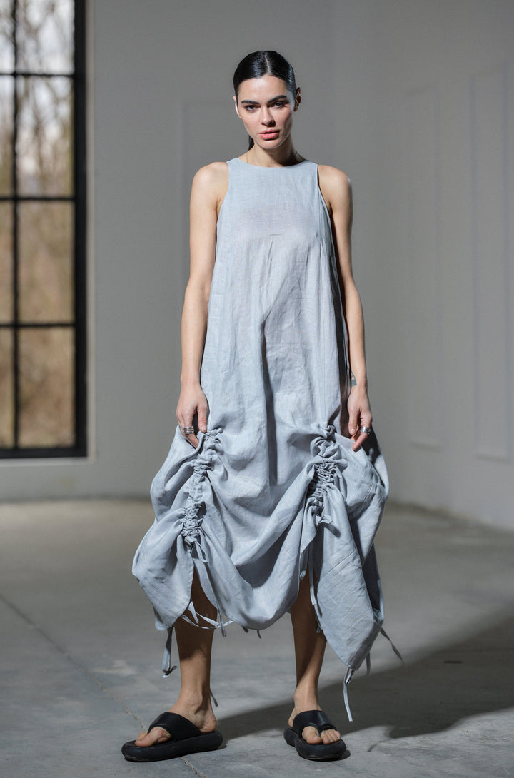 Avant garde linen dress with adjustable length