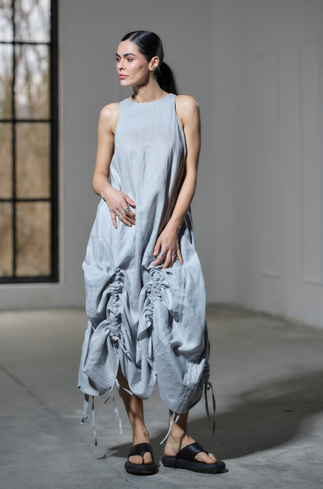 Avant garde linen dress with adjustable length in grey XXL / Dark Gray Avant garde linen dress with adjustable length in grey XXL / Dark Gray
