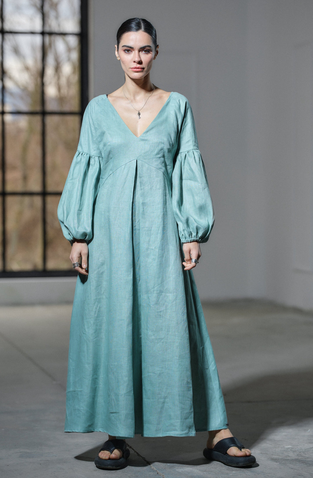 Green tea maxi linen dress