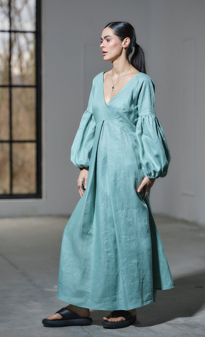 Green tea maxi linen dress