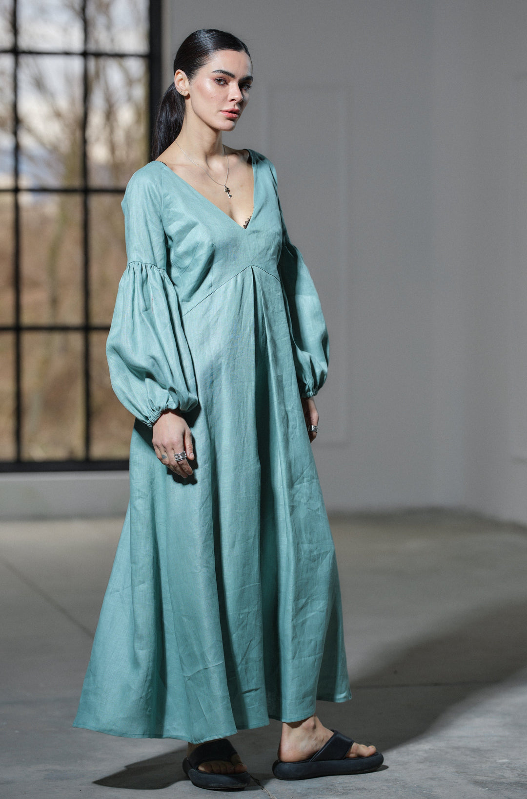 Green tea maxi linen dress