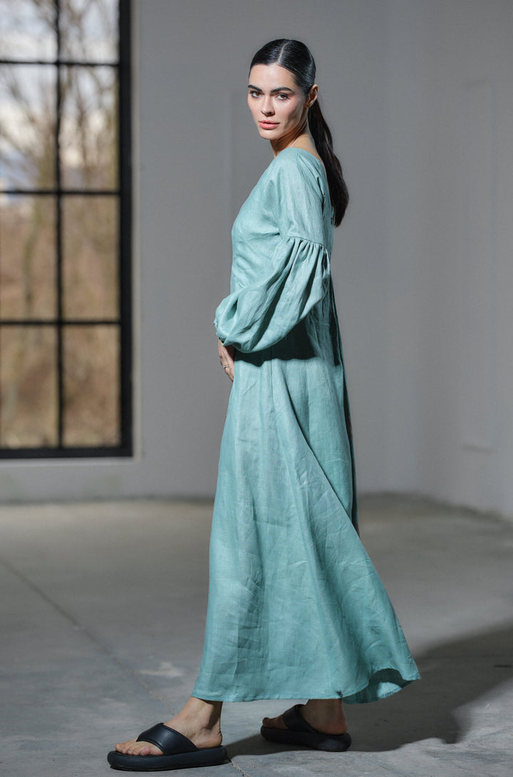 Green tea maxi linen dress