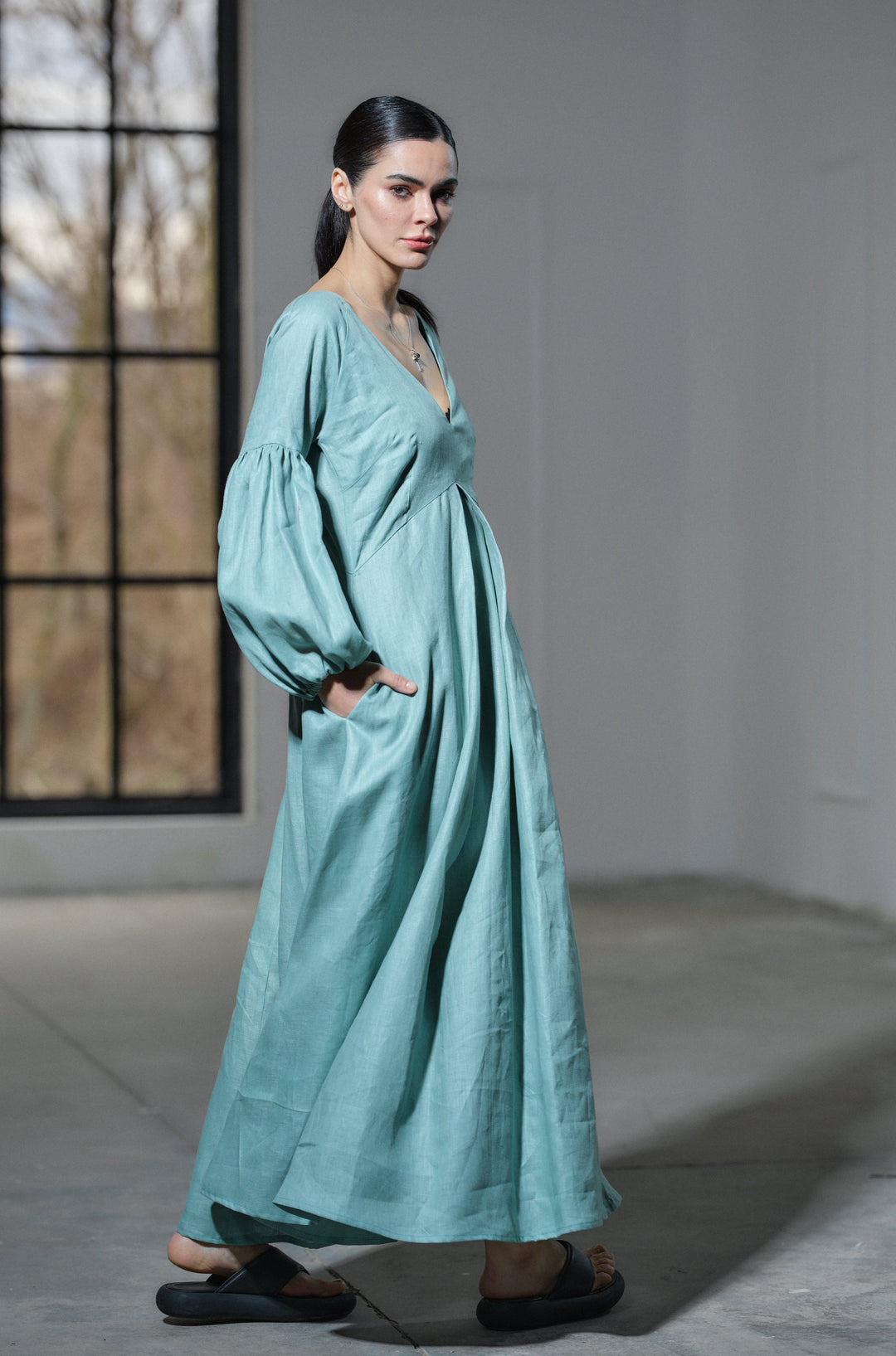 Green tea maxi linen dress