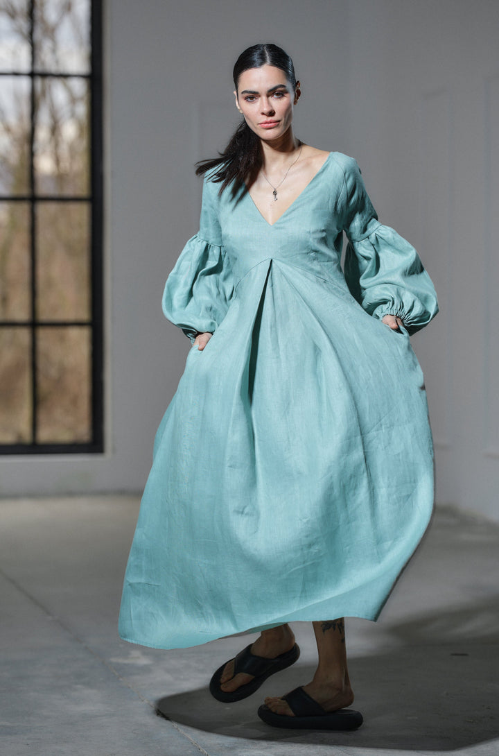 Green tea maxi linen dress