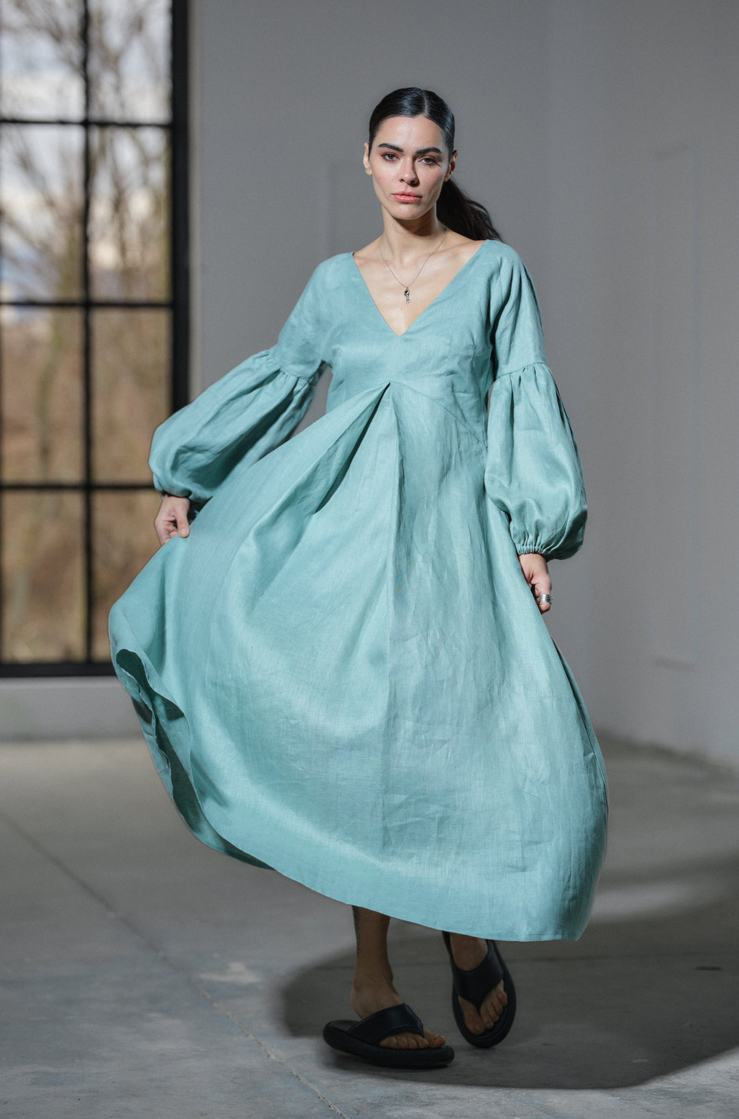 Green tea maxi linen dress