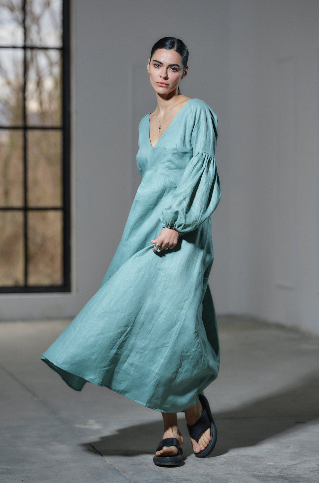 Green tea maxi linen dress