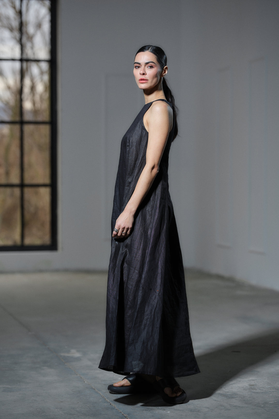 Summer black maxi a-line linen dress