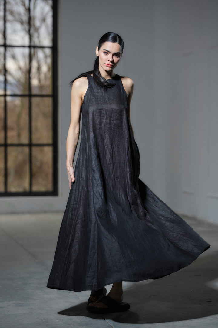 Summer black maxi a-line linen dress