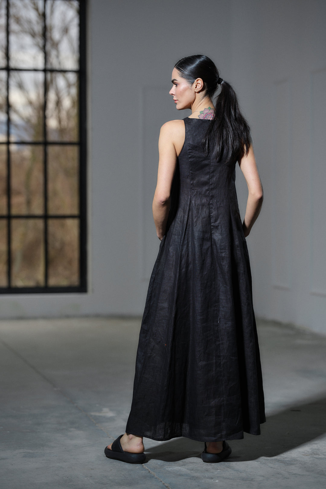 Summer black maxi a-line linen dress