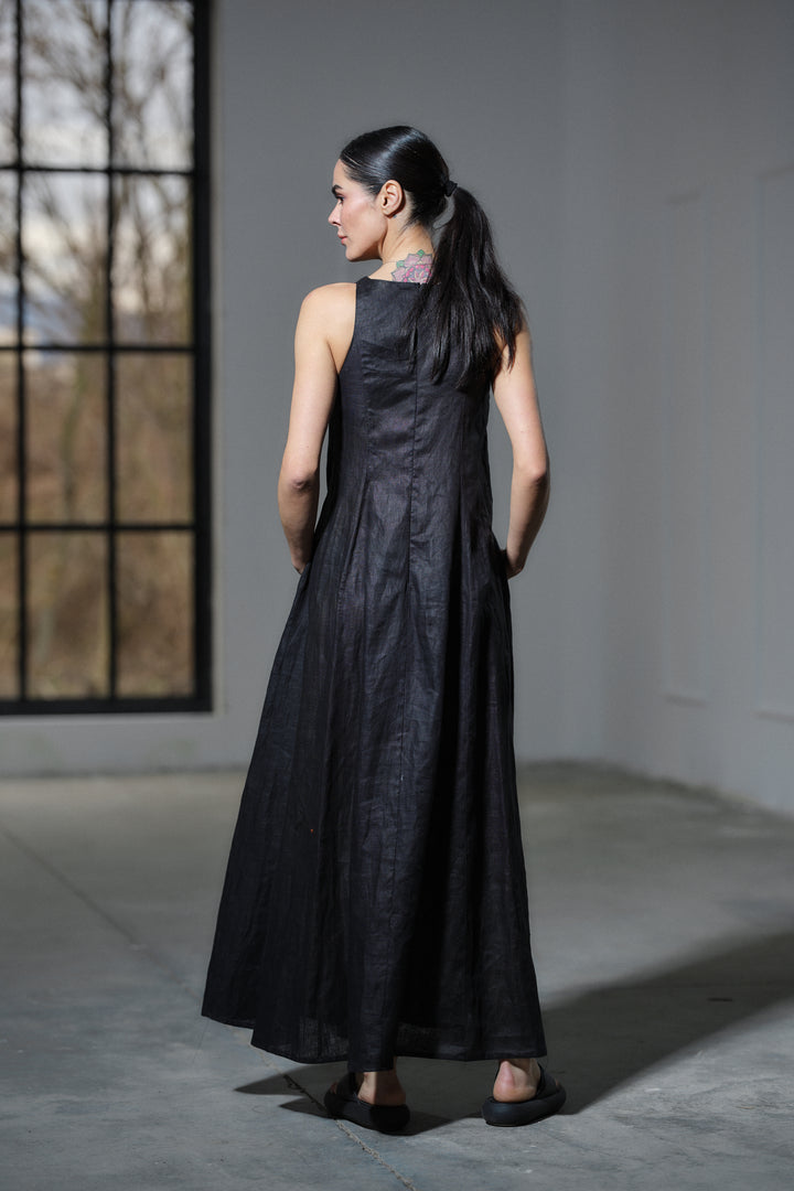 Summer black maxi a-line linen dress