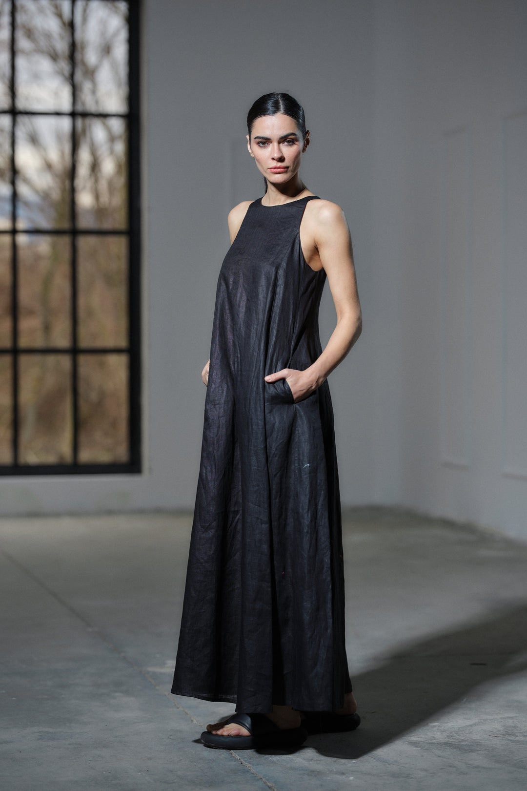 Summer black maxi a-line linen dress