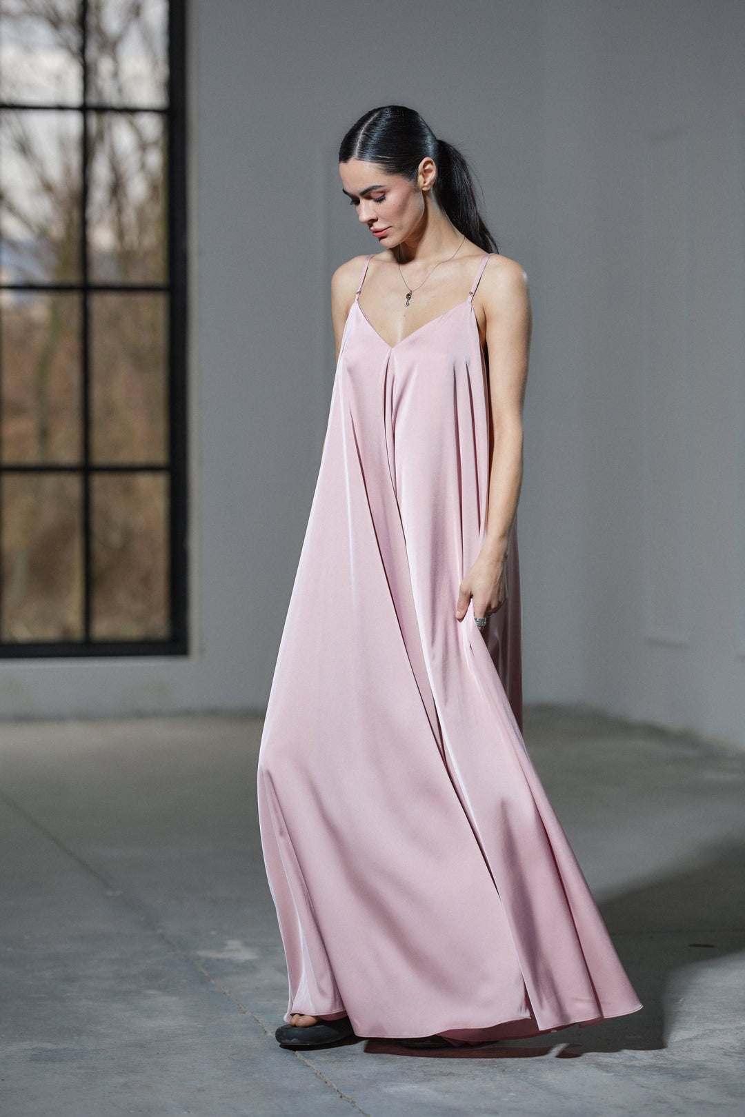 Powder pink satin slip dress