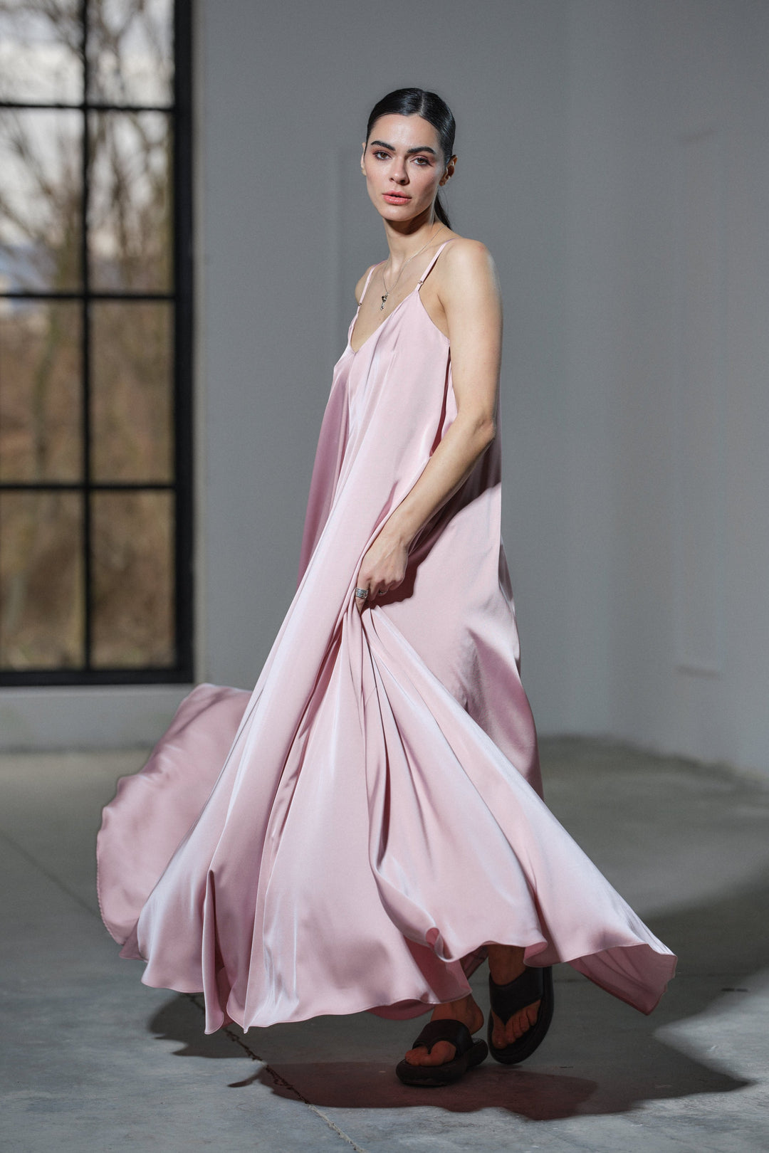 Powder pink satin slip dress