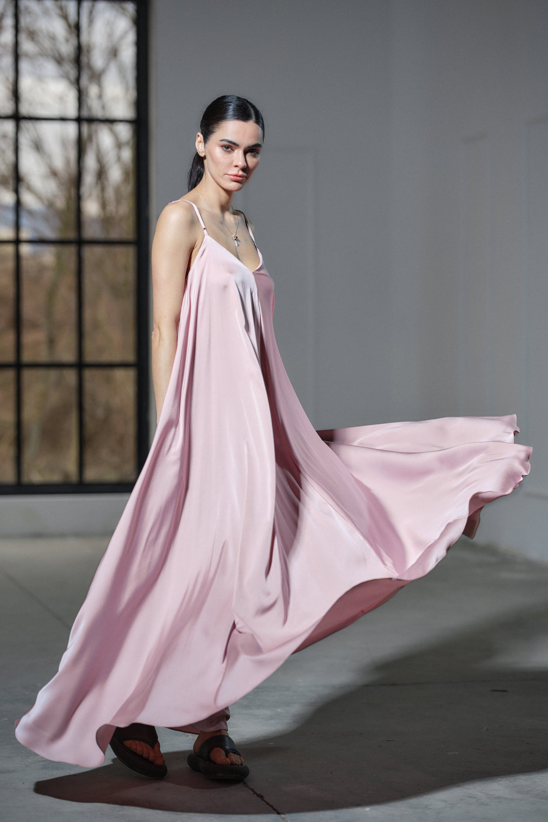 Powder pink satin slip dress