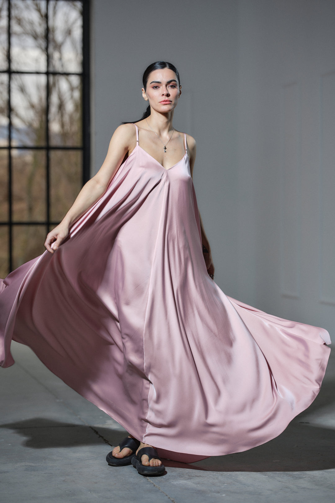 Powder pink satin slip dress