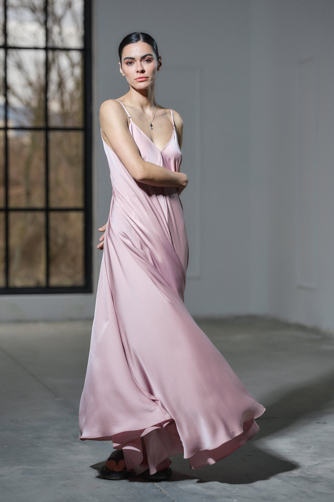 Powder pink satin slip dress