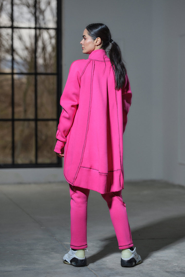 Asymmetrical cotton tracksuit set in fuchsia color