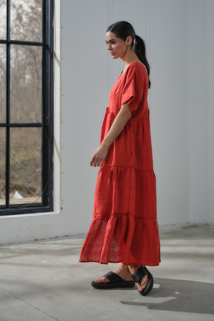 Brick red  asymmetrical summer linen boho dress