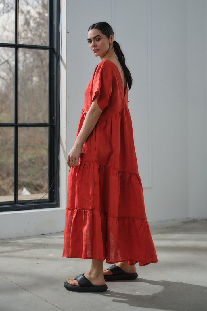 Brick red  asymmetrical summer linen boho dress