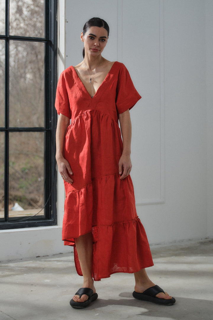 Brick red  asymmetrical summer linen boho dress