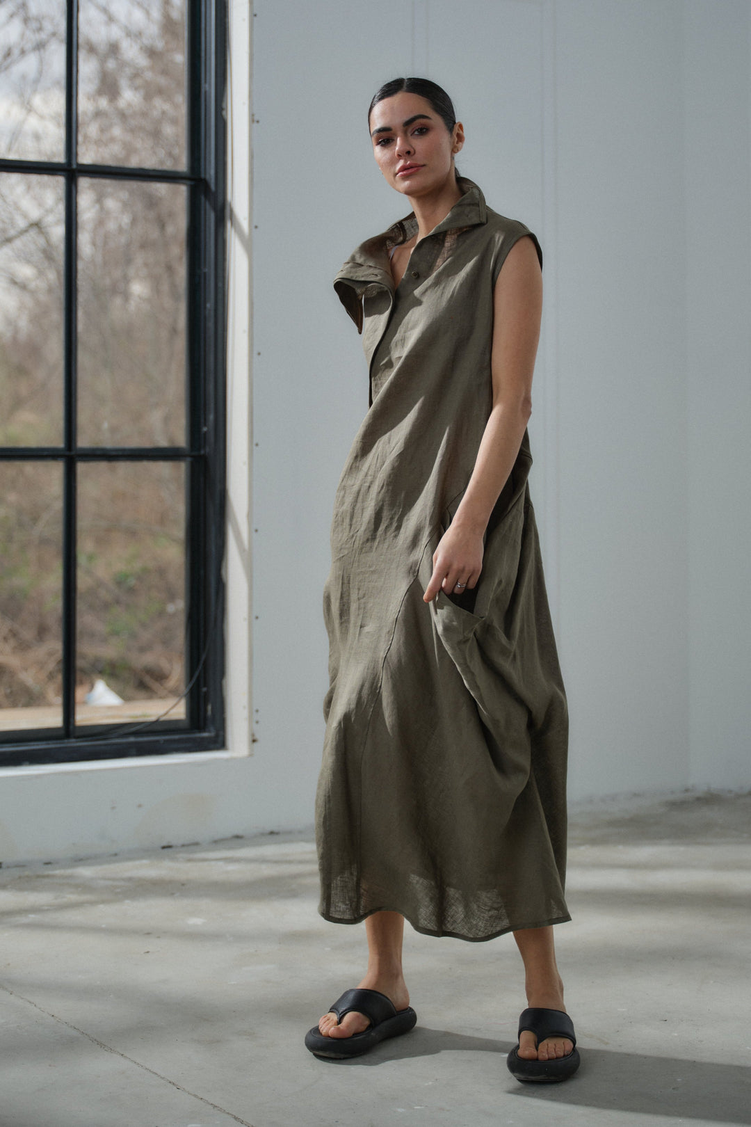 Khaki green asymmetrical summer linen dress