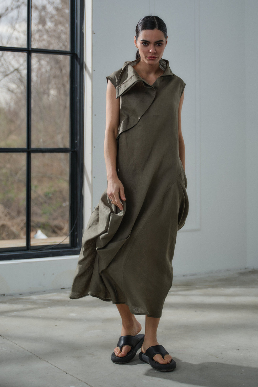 Khaki green asymmetrical summer linen dress