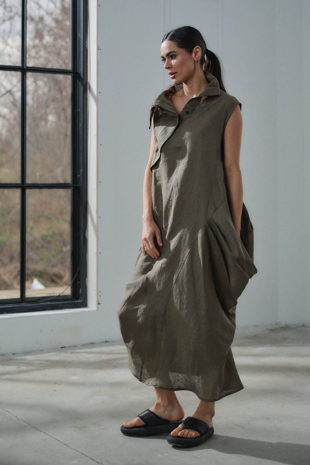 Khaki green asymmetrical summer linen dress