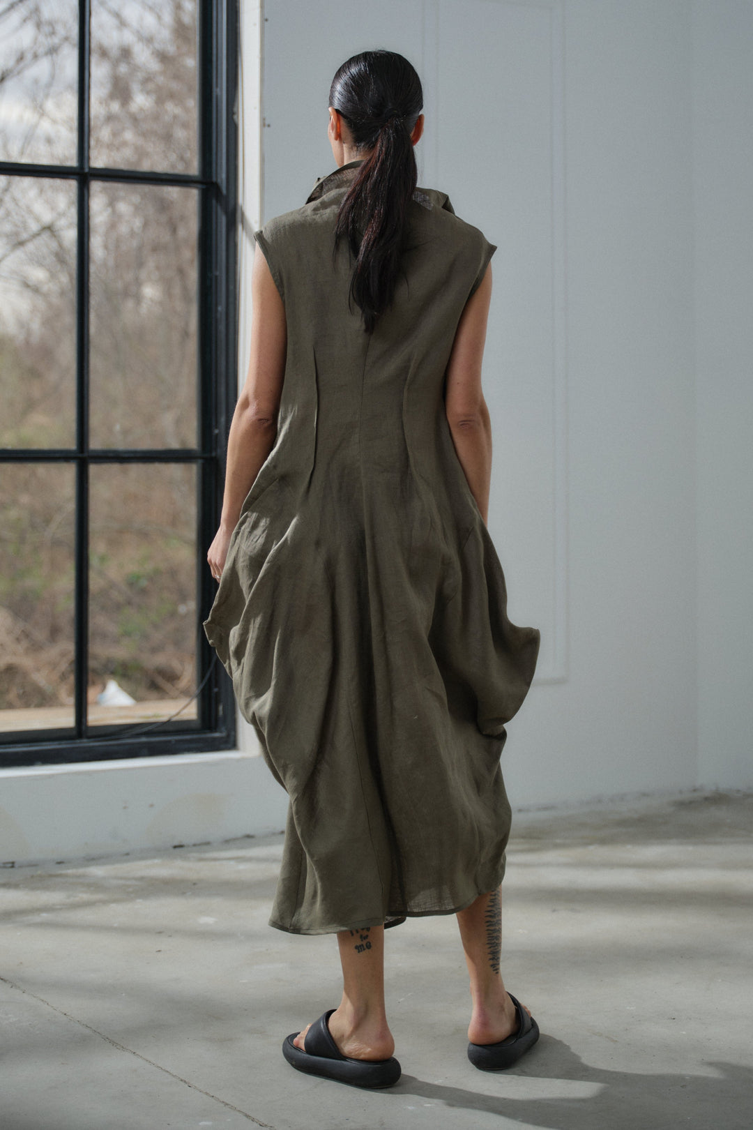 Khaki green asymmetrical summer linen dress