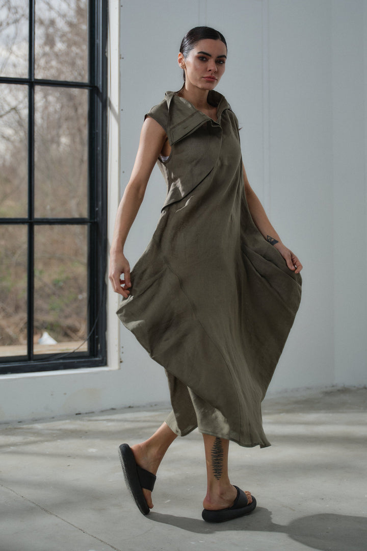 Khaki green asymmetrical summer linen dress