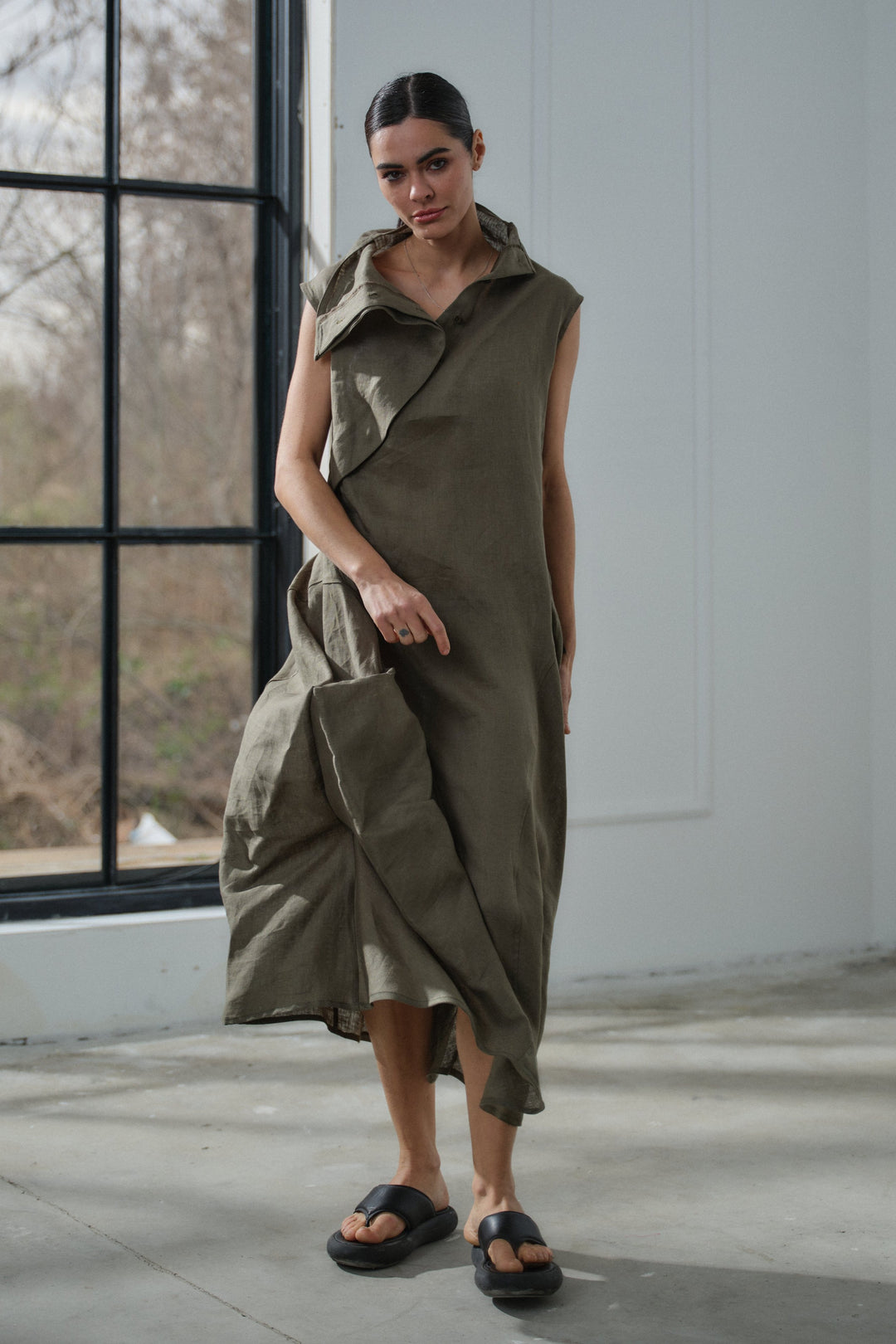 Khaki green asymmetrical summer linen dress