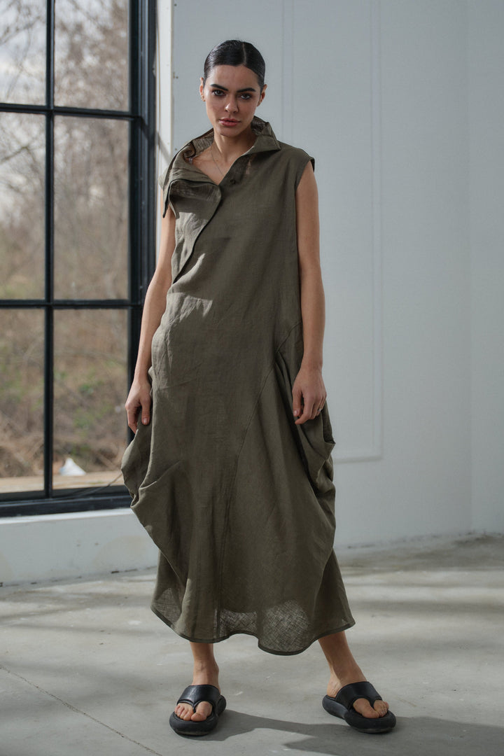 Khaki green asymmetrical summer linen dress