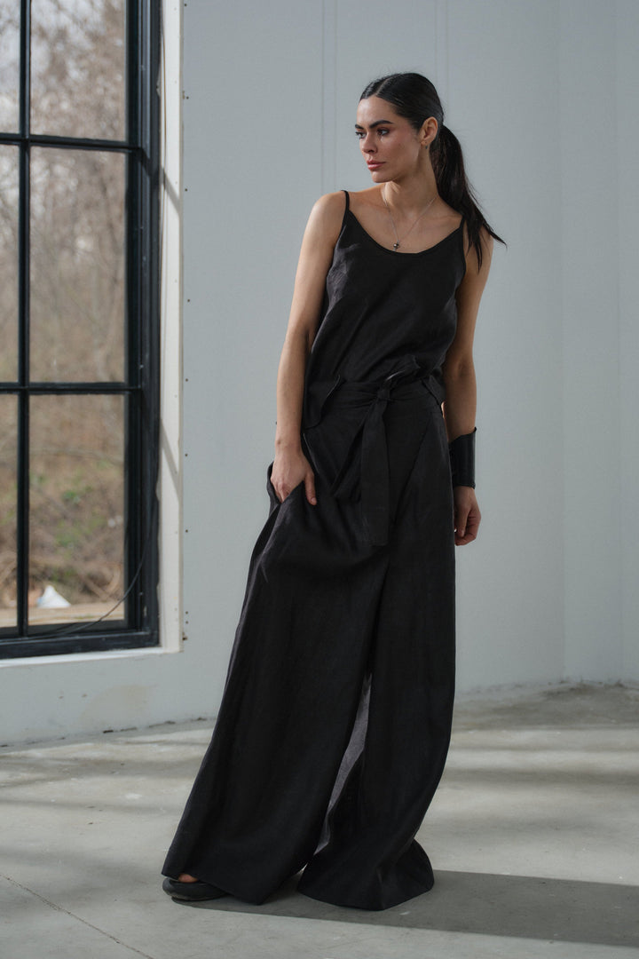 Black wide leg linen wrap pants