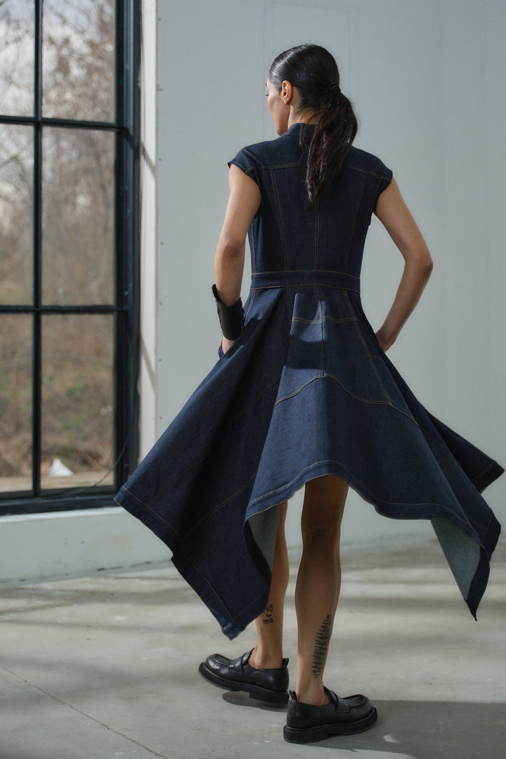 Asymmetrical denim cargo dress