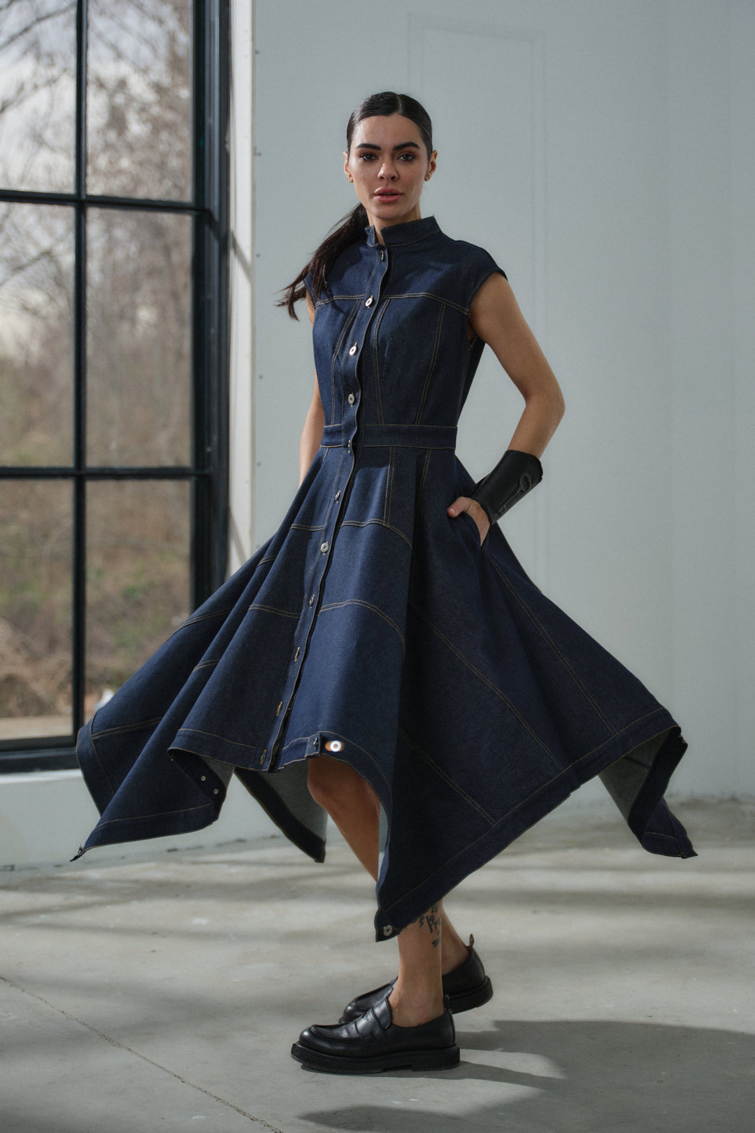 Asymmetrical denim cargo dress