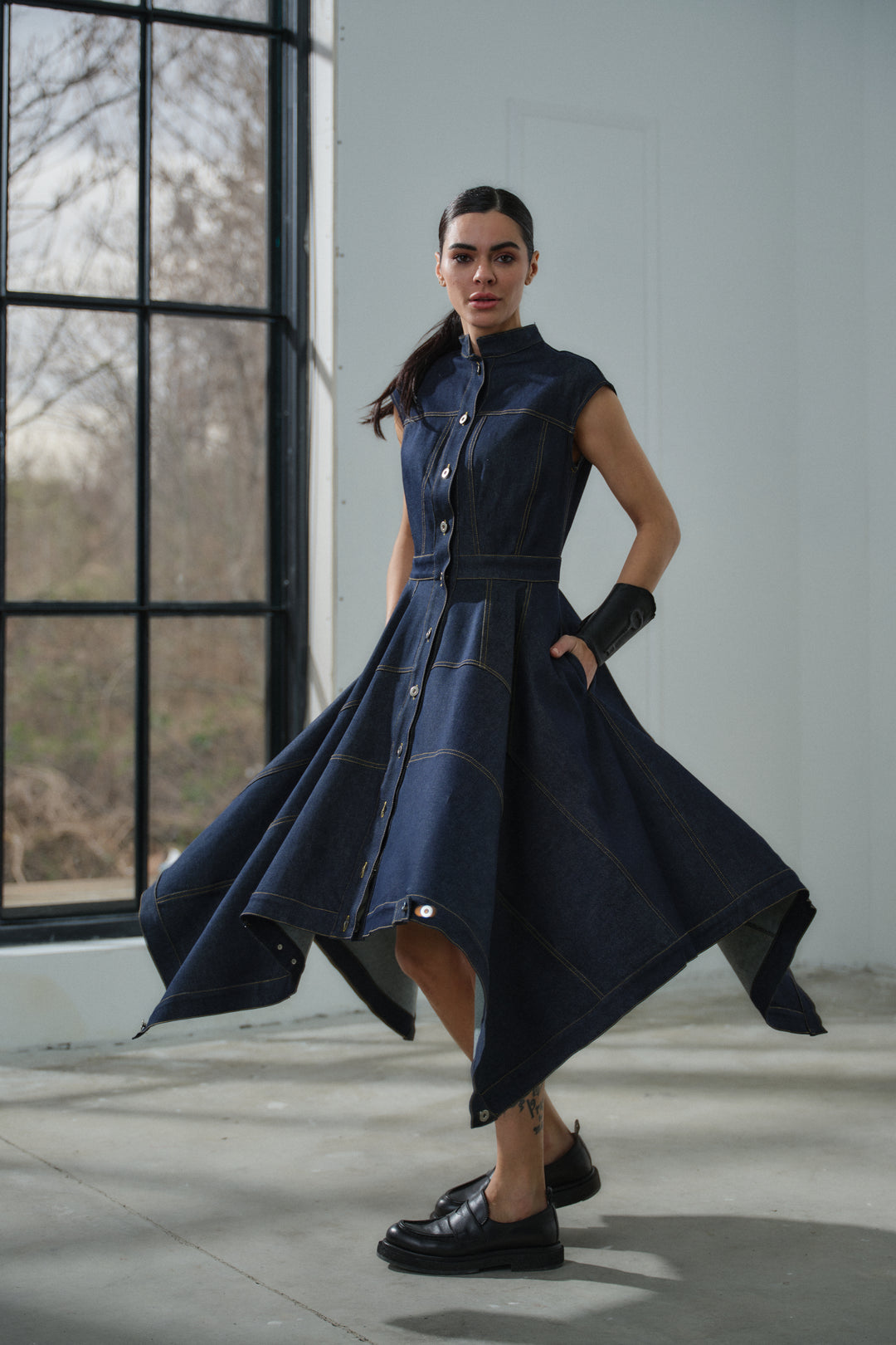 Asymmetrical Flared Denim Dress