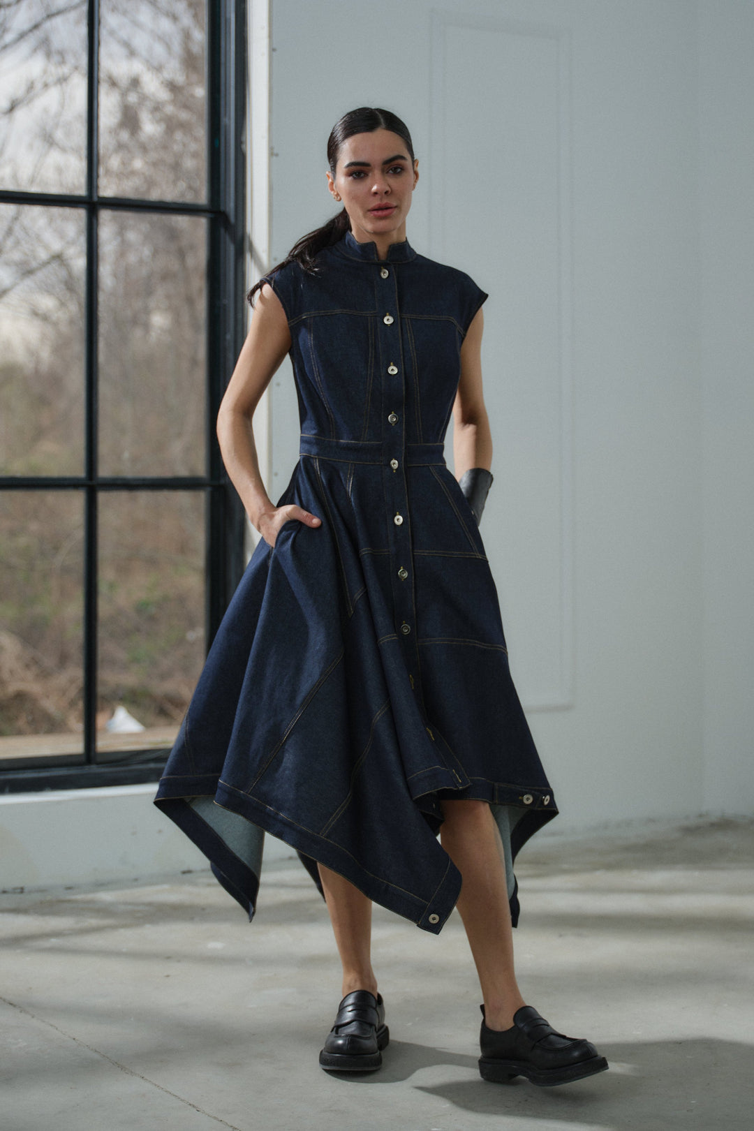 Asymmetrical denim cargo dress