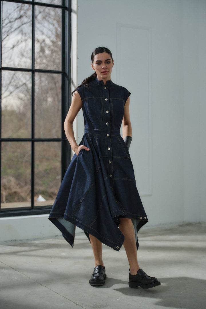 Asymmetrical Flared Denim Dress