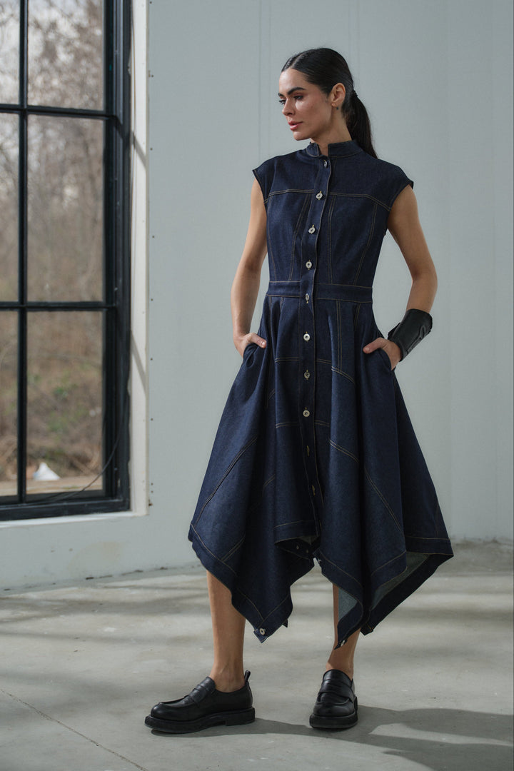 Asymmetrical denim cargo dress