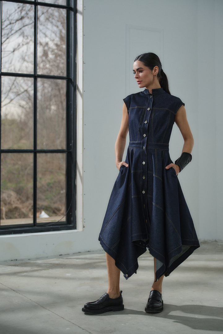 Asymmetrical Flared Denim Dress